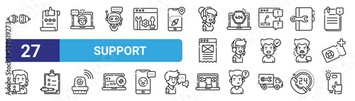 set of 27 outline web support icons such as connect, rating, live chat, error, customer service, filling form, repair, tips vector thin icons for web design, mobile app.