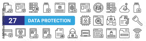 set of 27 outline web data protection icons such as hard disk, website, server, antivirus, search, no connection, password, network vector thin icons for web design, mobile app.