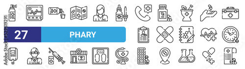 set of 27 outline web phary icons such as spray, heart rate, syrup, herbal, band aid, pharist, drugs, invoice vector thin icons for web design, mobile app.