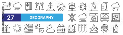 set of 27 outline web geography icons such as route  rain  journal  autumn  cloud  sun  barn  tag vector thin icons for web design  mobile app.