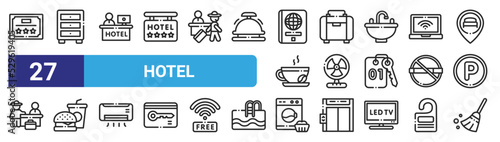 set of 27 outline web hotel icons such as certificate, cabinet, lobby, luggage, fan, food, washing hine, broom vector thin icons for web design, mobile app.