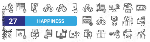 set of 27 outline web happiness icons such as like, website, smartphone, book, play button, website, smartphone, home vector thin icons for web design, mobile app.