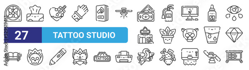 set of 27 outline web tattoo studio icons such as fan, tissues, heart, extinguisher, plant, skull, bird, furniture vector thin icons for web design, mobile app.
