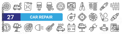 set of 27 outline web car repair icons such as wheel, breakdown, canister, tool, subwoofer, car repair, battery, voltmeter vector thin icons for web design, mobile app.