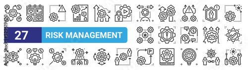 set of 27 outline web risk management icons such as impact, calendar, risk, rise, risk, project, method, tools vector thin icons for web design, mobile app.
