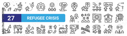 set of 27 outline web refugee crisis icons such as volunteer, asylum, asylum, migration, religion, humanitarian, storytelling, hope vector thin icons for web design, mobile app.
