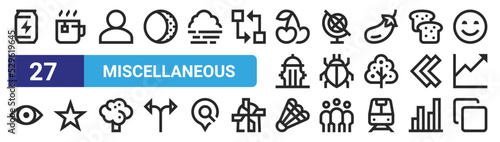 set of 27 outline web miscellaneous icons such as energy drink, tea cup, user, earth globe, bug, star, badminton, copy vector thin icons for web design, mobile app.