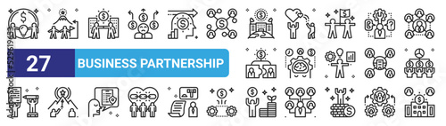 set of 27 outline web business partnership icons such as partners, teamwork, partnership, trust, management, mission, investment, corporation vector thin icons for web design, mobile app.