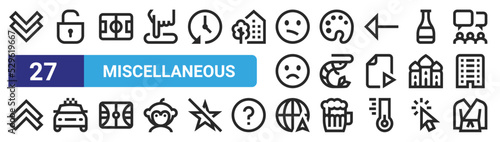 set of 27 outline web miscellaneous icons such as down chevron, open padlock, soccer field, paint palette, shrimp, taxi, internet, karate vector thin icons for web design, mobile app.