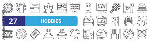 set of 27 outline web hobbies icons such as roulette, graffiti, cutting board, computer, snorkeling, soccer, technology, goal vector thin icons for web design, mobile app.