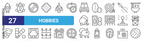 set of 27 outline web hobbies icons such as ice cream, formula one, cd, sport, tennis, pantone, conversation, volleyball vector thin icons for web design, mobile app.