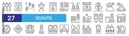 set of 27 outline web scouts icons such as marshmallow, id card, map, backpack, nature, animal, trees, lake vector thin icons for web design, mobile app.