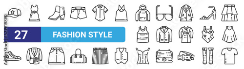 set of 27 outline web fashion style icons such as baseball cap, dress, boot, sunglasses, suit, bathrobe, tank top, shirt vector thin icons for web design, mobile app.