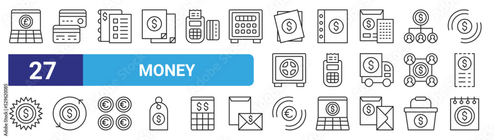 set of 27 outline web money icons such as online banking, credit card, invoice, invoice, point of service, dollar, euro, invoice vector thin icons for web design, mobile app. set of 27 outline web money icons such as online banking, credit card, invoice, invoice, point of service, dollar, euro, invoice vector thin icons for web design, mobile app.