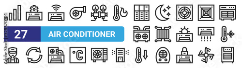 set of 27 outline web air conditioner icons such as , air conditioner, air conditioner, night, heating, repeat, thermometer, vector thin icons for web design, mobile app.