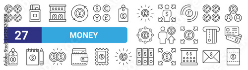 set of 27 outline web money icons such as exchange, credit card, bank, costumer, pay, notes, archive, invoice vector thin icons for web design, mobile app.