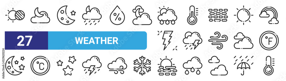 set of 27 outline web weather icons such as eclipse, cloudy night, crescent moon, thermometer, storm, temperature, haze, low temperature vector thin icons for web design, mobile app.