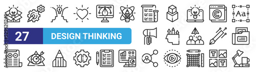 set of 27 outline web design thinking icons such as think outside the box, gears, thinking, d cube, de, target, share, workspace vector thin icons for web design, mobile app.