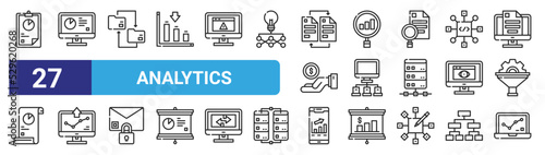 set of 27 outline web analytics icons such as pie chart, computer, documents, analytics, server, computer, analytics, vector thin icons for web design, mobile app.