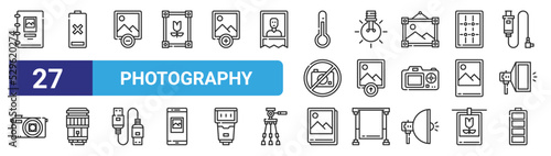 set of 27 outline web photography icons such as album, battery, photo, lamp, photo, lens, photo, battery vector thin icons for web design, mobile app.