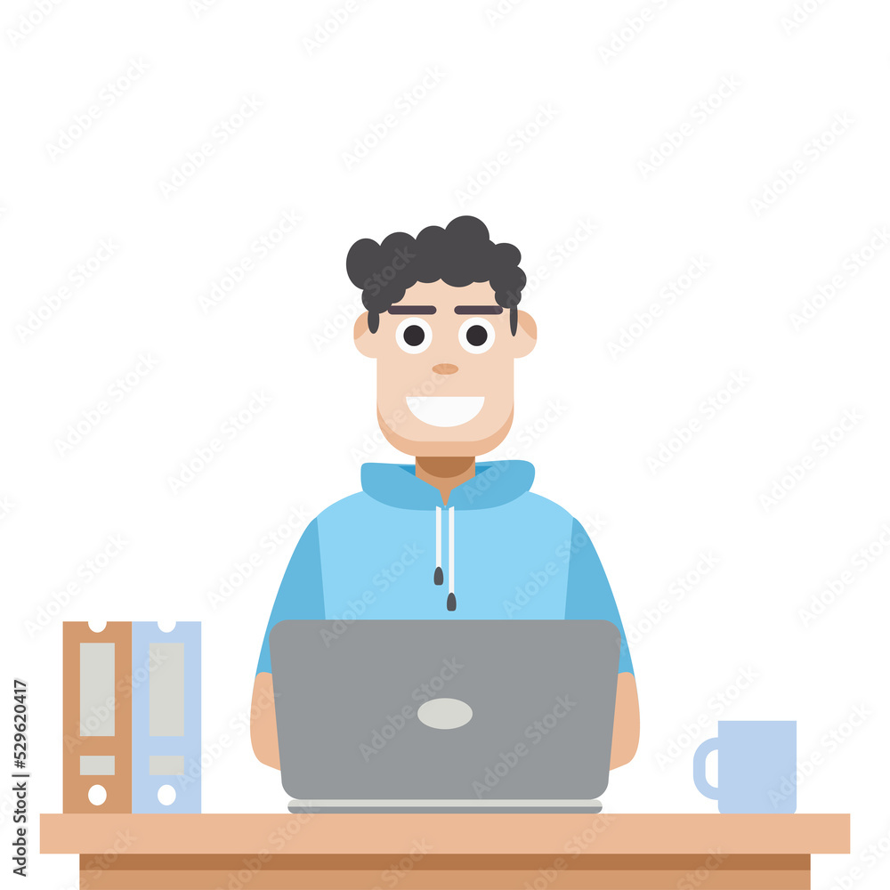 Man Using Laptop For Work From Home Wear Short Hoodie Man Using Laptop For Work From Home Wear Short Hoodie