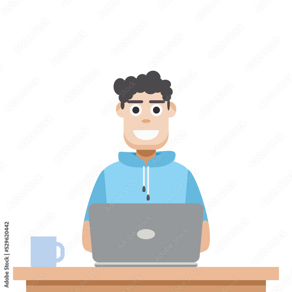 Man Using Laptop For Work From Home Wear Short Hoodie