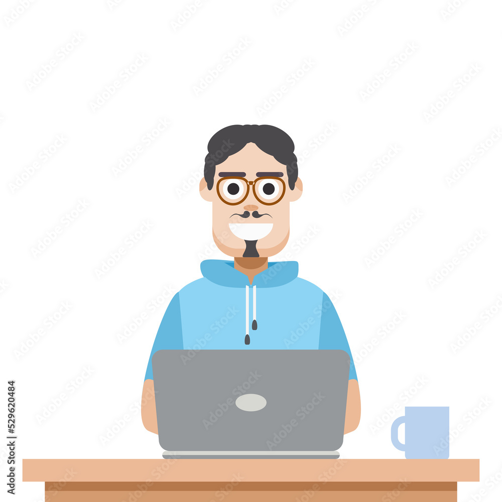 Man Using Laptop For Work From Home Wear Short Hoodie Man Using Laptop For Work From Home Wear Short Hoodie