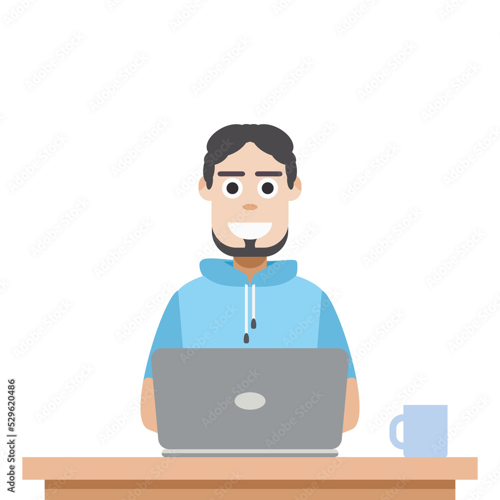 Man Using Laptop For Work From Home Wear Short Hoodie Man Using Laptop For Work From Home Wear Short Hoodie