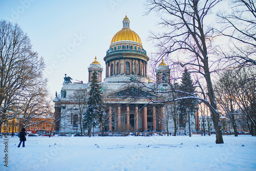Scenic view of St. Isaac's Cathedral in Saint Petersburg, Russia, on beautiful winter day