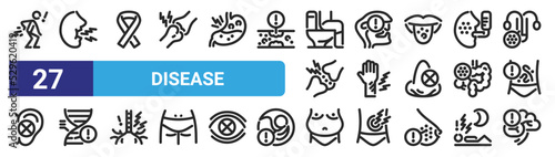set of 27 outline web disease icons such as diarrhea, cough, ribbon, throat, injury, genetics, obesity, mental disorder vector thin icons for web design, mobile app.