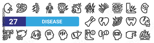 set of 27 outline web disease icons such as rhinitis, stoh, radiculitis, sprain, tooth, cystitis, varicose veins, tuberculosis vector thin icons for web design, mobile app.