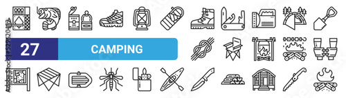 set of 27 outline web camping icons such as matches, fishing, canned food, swiss knife, chair, table, knife, campfire vector thin icons for web design, mobile app.