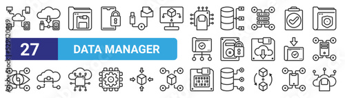 set of 27 outline web data manager icons such as storage, technology, diskette, storage, padlock, technology, diskette, cloud vector thin icons for web design, mobile app.