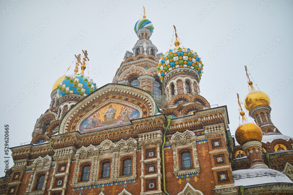 Scenic view of Savior on the Spilled Blood Church on snowy winter day in Saint Petersburg, Russia