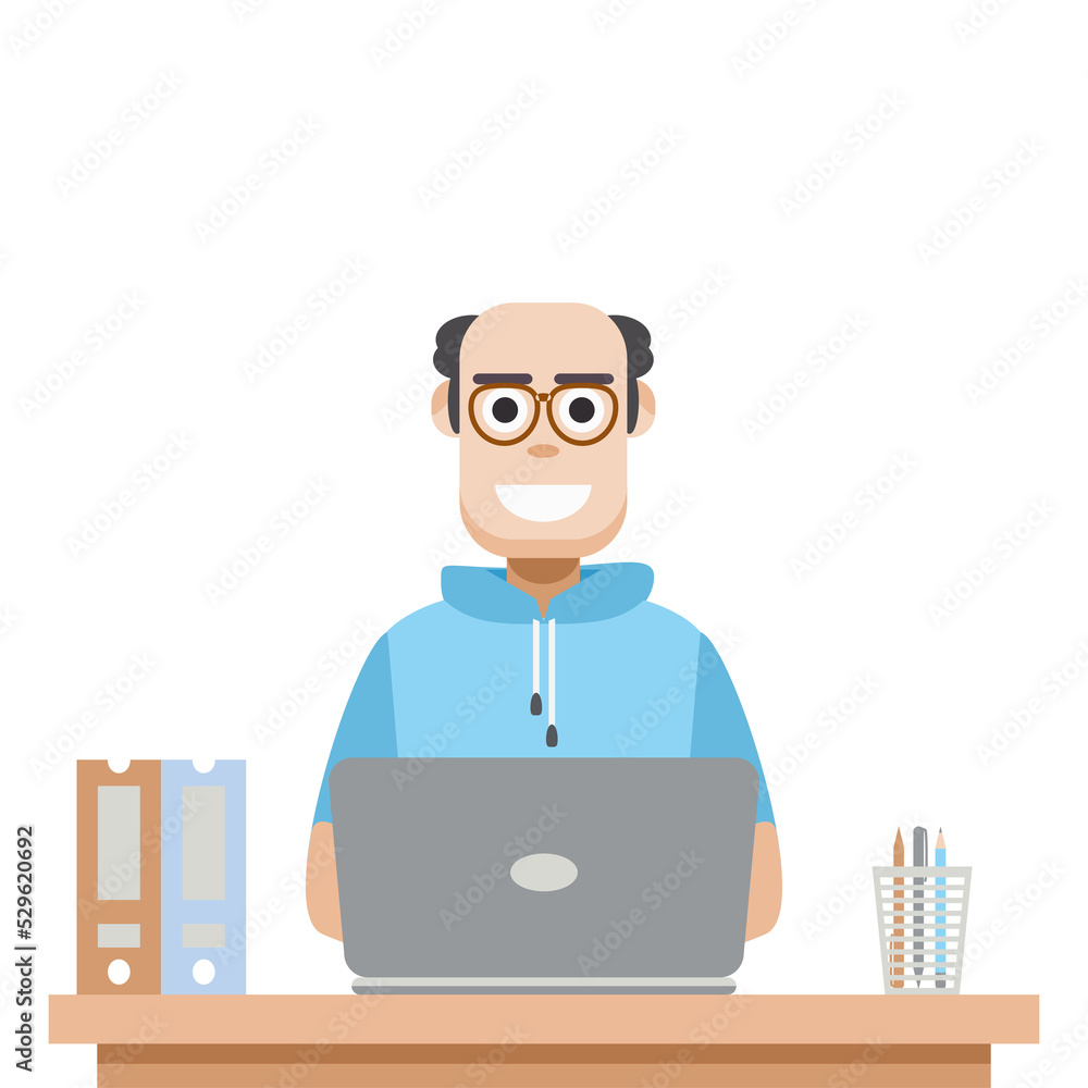 Man Using Laptop For Work From Home Wear Short Hoodie Man Using Laptop For Work From Home Wear Short Hoodie