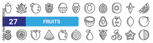 set of 27 outline web fruits icons such as aubergine, dragon fruit, blueberry, durian, avocado, passion fruit, pear, melon vector thin icons for web design, mobile app.