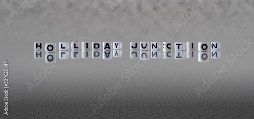 holliday junction word or concept represented by black and white letter cubes on a grey horizon background stretching to infinity photo