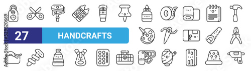 set of 27 outline web handcrafts icons such as label, scissors, roller, measuring tape, needle, screw, pantone, caulk vector thin icons for web design, mobile app.