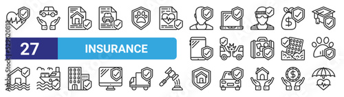 set of 27 outline web insurance icons such as life insurance, car insurance, home laptop, fender bender, shipping, life life vector thin icons for web design, mobile app.