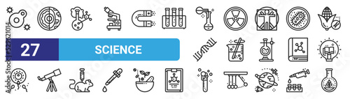 set of 27 outline web science icons such as cell, earth, lab, biohazard, beaker, telescope, chemical, flask vector thin icons for web design, mobile app.