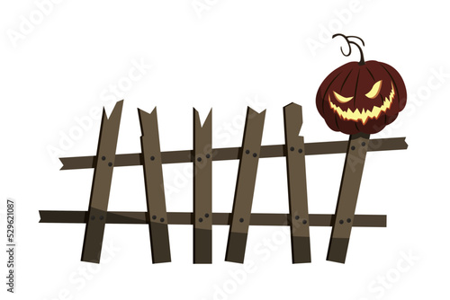 Fence old broken scary with spooky smiling Halloween pumpkin, design element, isolated, white background. Vector illustration