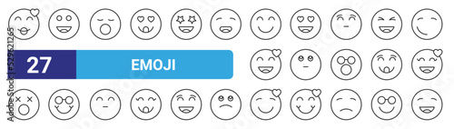set of 27 outline web emoji icons such as in love, happy, yawn, in love, shy, happy, in love, laughing vector thin icons for web design, mobile app.