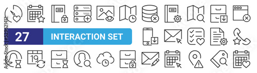 set of 27 outline web interaction set icons such as stopwatch, calendar, notebook, notebook, mail, calendar, mail, calendar vector thin icons for web design, mobile app.