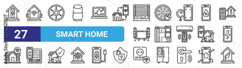set of 27 outline web smart home icons such as battery, wireless, robot vacuum, smoke detector, smart home, smart home, plug, eco house vector thin icons for web design, mobile app.