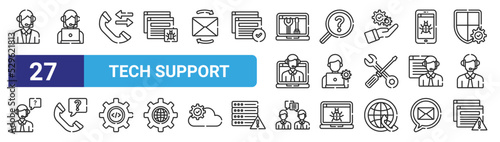 set of 27 outline web tech support icons such as customer support, online support, phone call, search, online phone, conversation, browser vector thin icons for web design, mobile app.