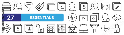 set of 27 outline web essentials icons such as layers, add user, filter, locked, album, unlock, home, locked vector thin icons for web design, mobile app.