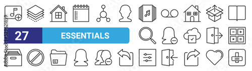 set of 27 outline web essentials icons such as music, layers, homepage, voicemail, delete, forbidden, tings, knob vector thin icons for web design, mobile app.