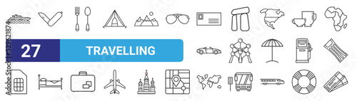 set of 27 outline web travelling icons such as yatch facing right, knife folded, thin fork and thin spoon, stonehenge, , bed left side view, continents, two theatre tickets vector thin icons for