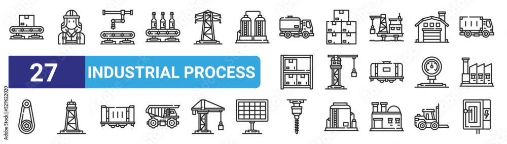 set of 27 outline web industrial process icons such as conveyor, engineer, industrial robot, stock, crane, pumpjack, drill, lever vector thin icons for web design, mobile app.