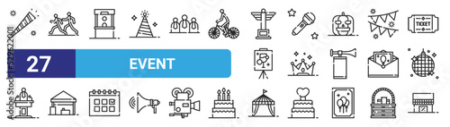 set of 27 outline web event icons such as fun, marathon, ticket office, microphone, crown, booth, circus tent, sale vector thin icons for web design, mobile app.
